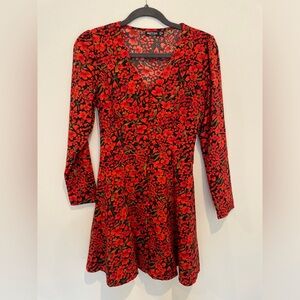 Nasty Gal Red and Black Fit and Flare Long Sleeve Dress
